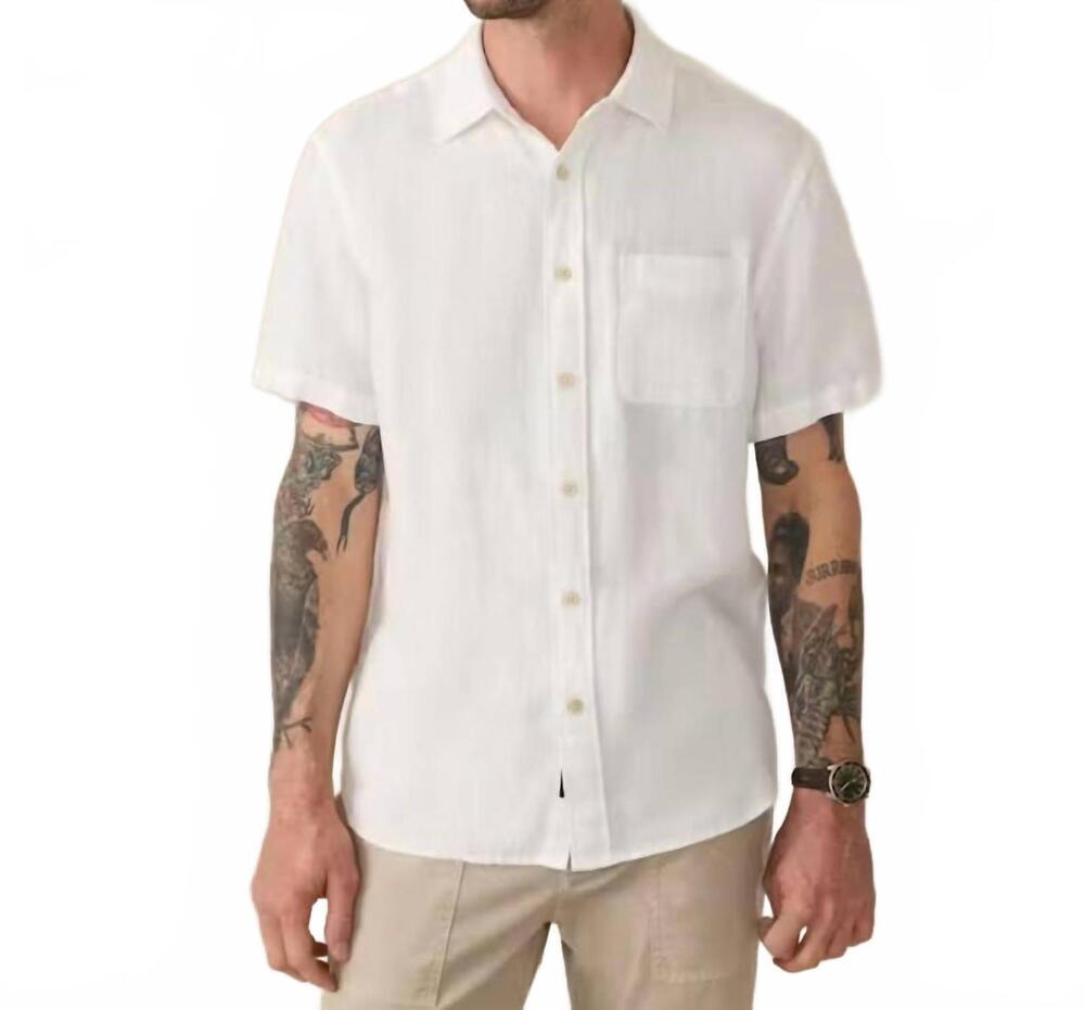 NEW FAHERTY short-sleeve palma linen shirt in bright white basketweave